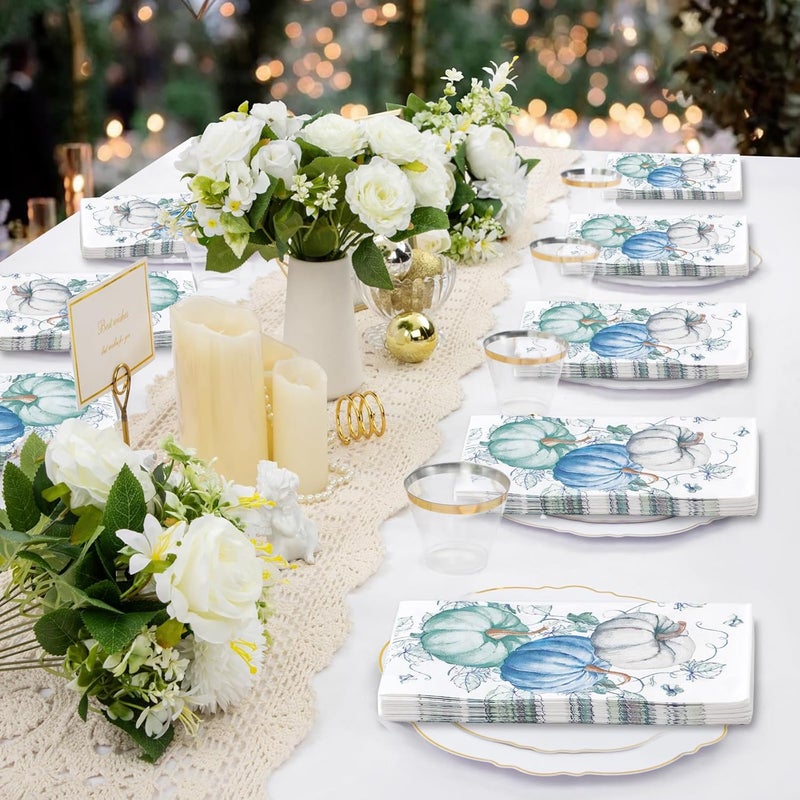 Grencian 100Pcs Fall Napkins Thanksgiving Napkins 3 Ply Blue White Pumpkin Guest Napkin Disposable Hand Towels for Bathroom Kitchen Dinner Napkin for Fall Wedding Baby Shower Thanksgiving Party - Image 5